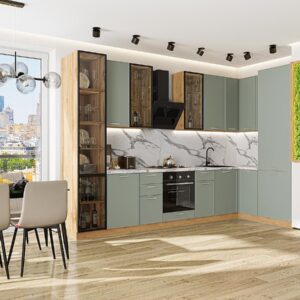 Кухня Квадро-04, цвет фасада Аквамарин, цвет каркаса Дуб Вотан, 2340*3400/1600*600 мм