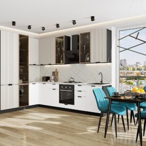 Кухня Евро Лайн-07, цвет фасада Агат/Белый, цвет каркаса Graphite, 2340*2000/3000*600 мм