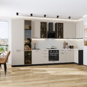 Кухня Флэт-05, цвет фасада Cashmere In 2S, цвет каркаса Graphite, 2340*4000/1000*600 мм