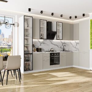 Кухня Квадро-04, цвет фасада Кашемир, цвет каркаса Белый, 2340*3400/1600*600 мм